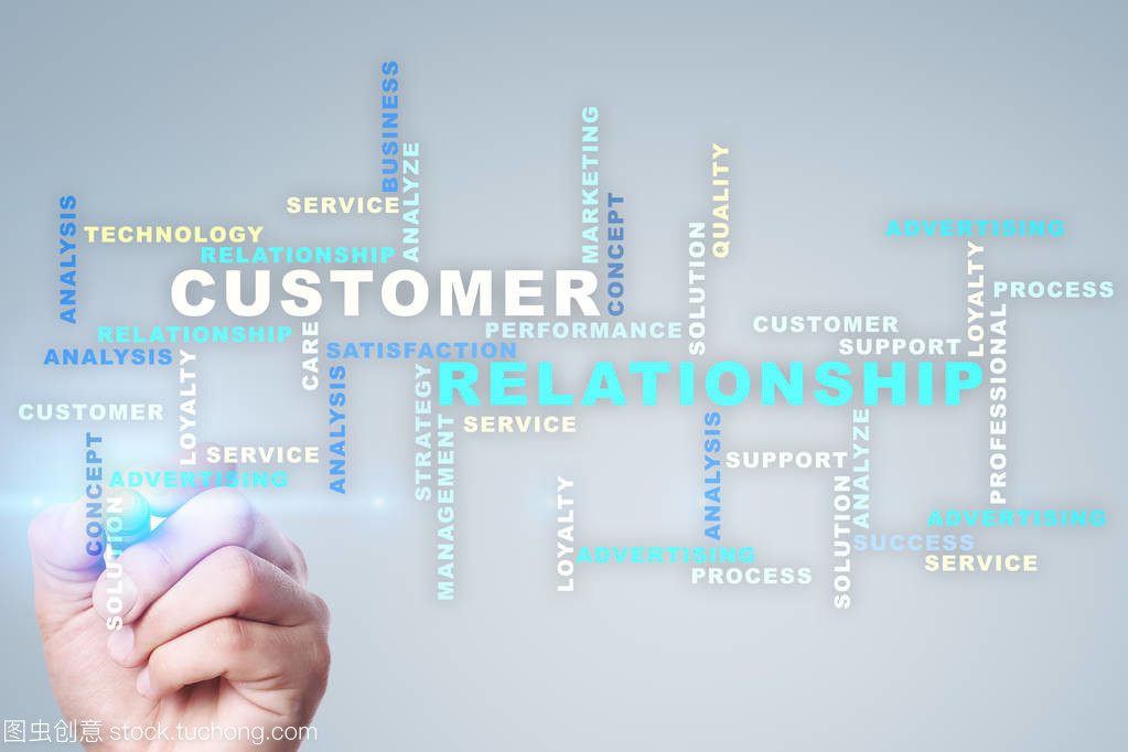 客戶關系管理理念在虛擬屏幕上。詞云